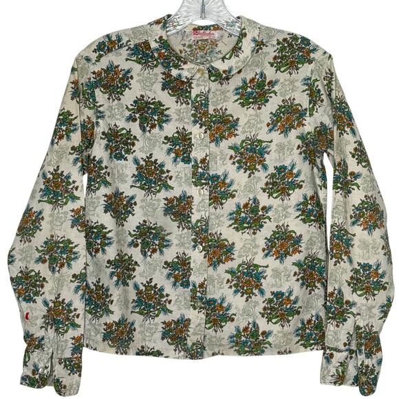 Vintage 60's Shirtmaker green Floral Cotton Blouse Peter Pan Collar USA Small - Picture 1 of 11